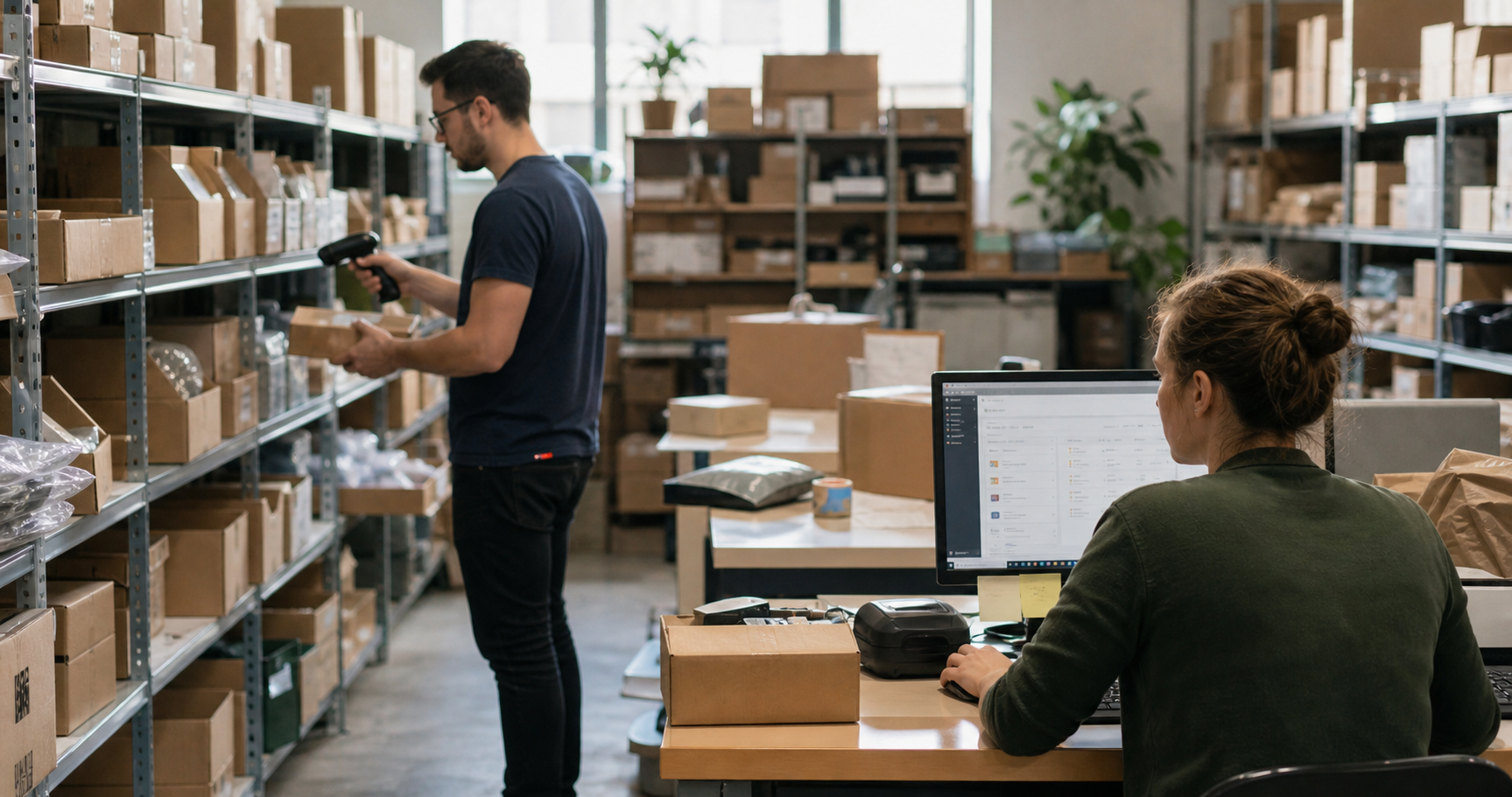 Raktári kollégák webshop rendeléseket készítenek elő készletkezelő rendszerrel